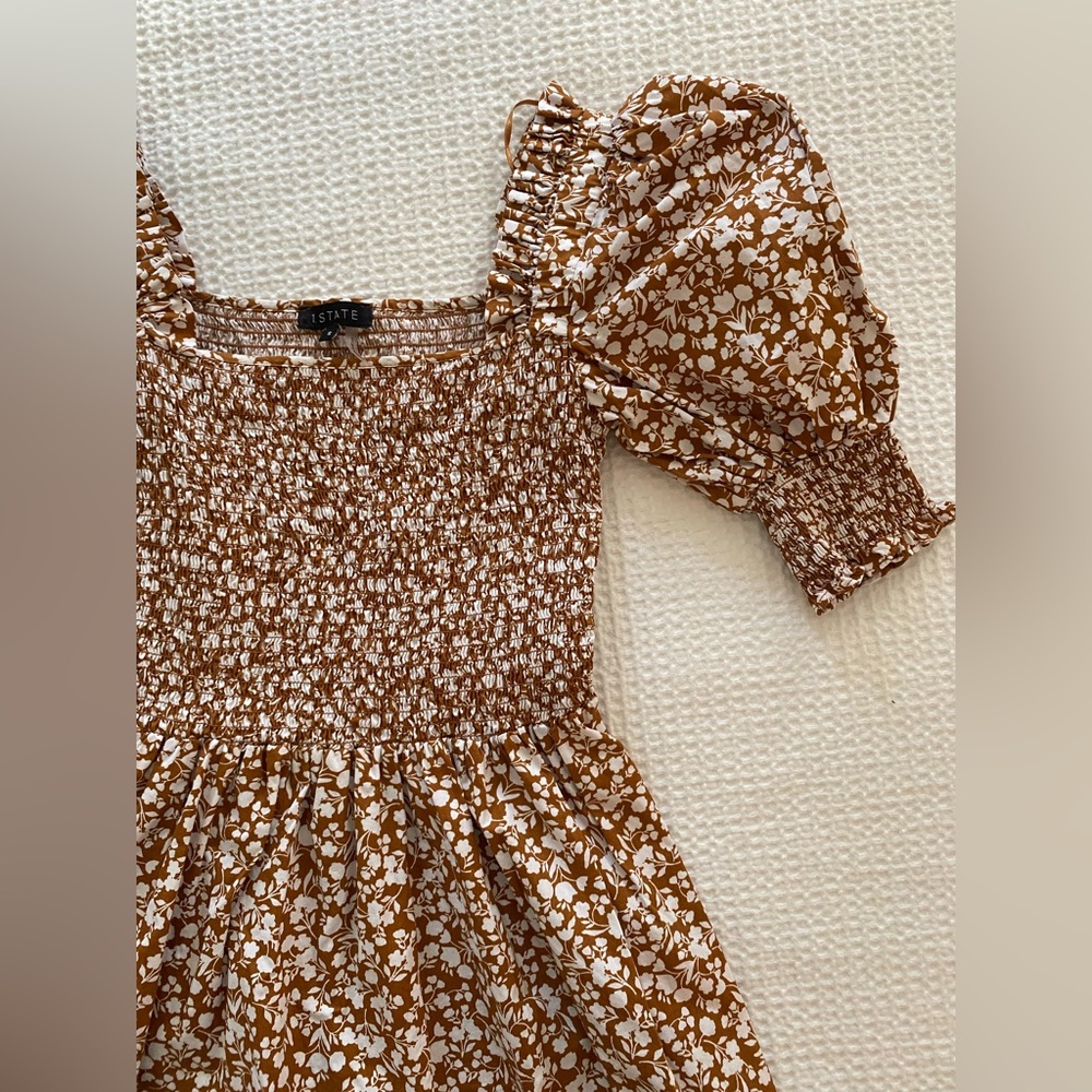 1. State Smocked Puff Sleeve Mini Dress Brown Floral